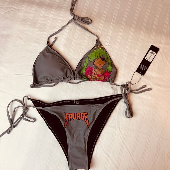 Anime Gray Savage Print Side Tie 2 Piece Bikini Size SX RefN11 - Picture 5 of 8